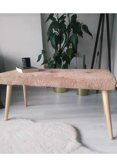 Ahşap Ayaklı Handmade Geniş Oturum Krem Welsoft Kumaş Pofidik Puf Bench ,ayak Ucu Uzatmalık,berjer Kahverengi
