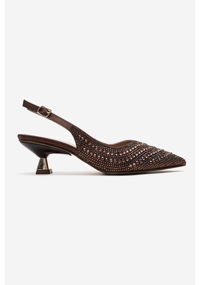 Luvishoes Royale Kahverengi Saten Taşlı Kadın Kısa Topuklu Abiye Ayakkabı