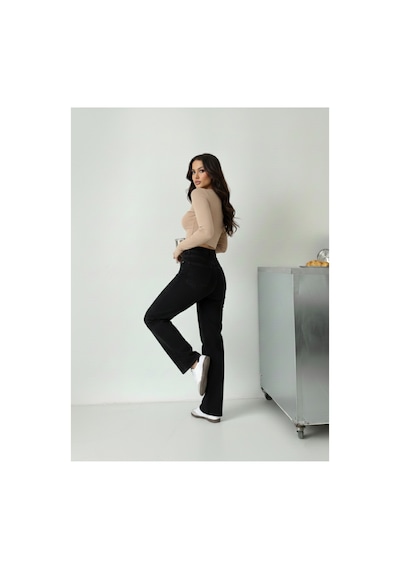 Kene Jeans Kadın Yüksek Bel Siyah Boyfriend Bol Paça Denim Kot Pantolon Siyah