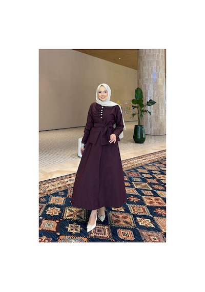 Riella Butik Moré Düğme Detaylı Tesettür Takım Mürdüm