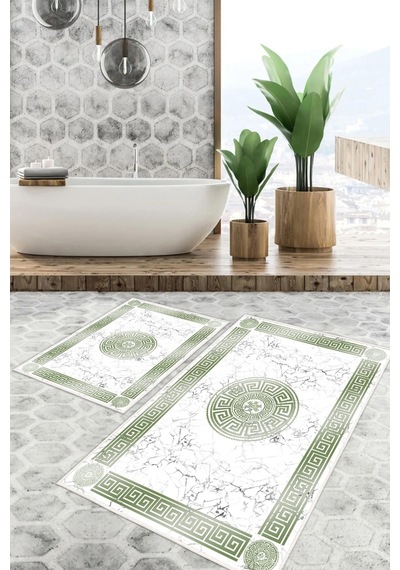 Dijital Baskı Mermer Desen Kaymaz Taban 2li Set Banyo Paspası Klozet Takımı 50x60cm-60x100cm Yeşil