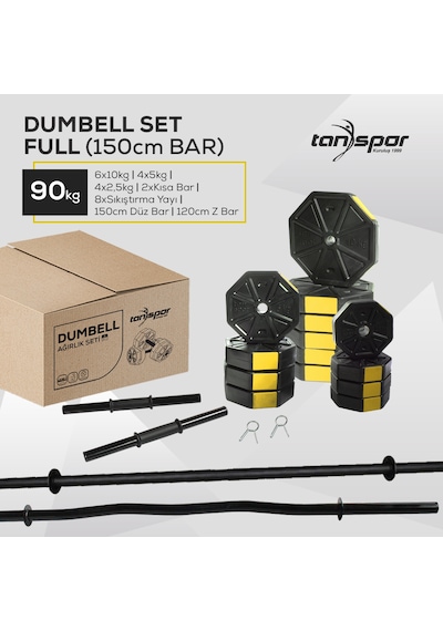 Tanspor 90 Kg Dambıl Halter Full Kısa Bar + Düz Bar (150 cm) + Z Bar (120 cm) Set Mavi Kapaklı