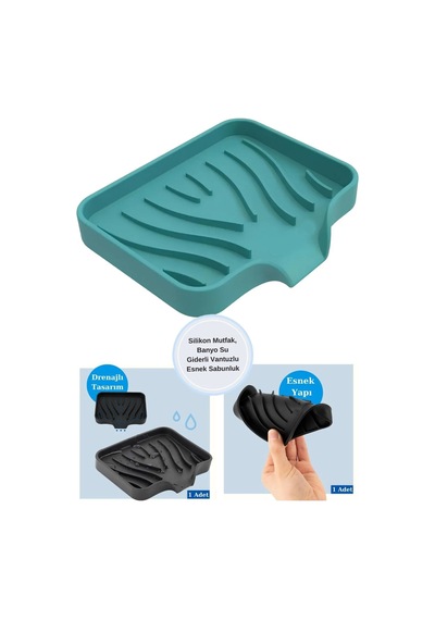 Buççin Online Mağaza Silikon Mutfak, Banyo Su Giderli Vantuzlu Esnek Sabunluk Turkuaz Renk Plastik Turkuaz Çok Renkli