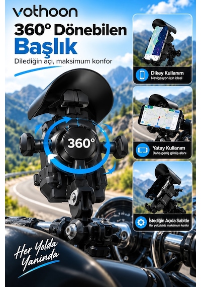 Şarjlı Motosiklet Telefon Tutucu Güneş Ve Yağmur Korumalı 15w Kablosuz 360 Döner Gidon Ve Ayna Bağlantılı