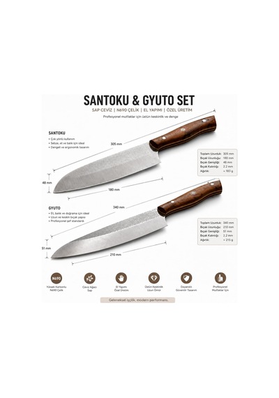 N690 Çelik Santoku Ve Guyuto Bıçak Seti 2 Parça Profesyonel Şef Bıçağı, Özel Tasarım Ceviz Sap, Premium M Genel