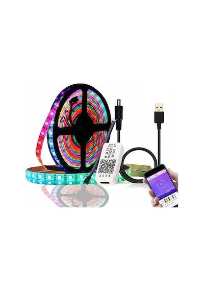 WS2812B ARGB Pixel Şerit LED 5VOLT 5m Ses ve Müzik Duyarli Bluetooth Kontrollü sp107E+Adaptör