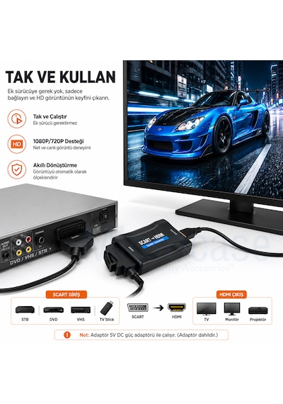 Microcase Scart To Hdmı Dönüştürücü 1080p Adaptör Güç Adaptörlü Hdmı Çevirici Al5746 Siyah