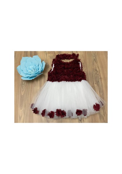 Hayy Baby Kids Wear Bebek Çocuk Bordo Şifon Çiçekli Beyaz Tüllü Elbise