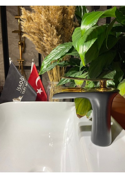 İsaoğlu Yapı Gold Siyah Lavabo Bataryası Şelale Musluk Doğal Naturel Akışlı Banyo Musluğu Gold