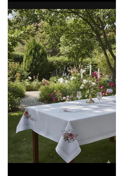 Dertsiz Leke Tutmaz Ütü İstemez Dijital Baskılı Masa Örtüsü 160 X 220 Cm Çiçek Desenli Gri Ve Bej Renk % 100 Polyester Gri
