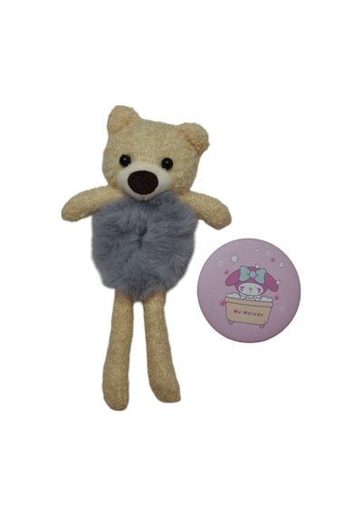 Ayıcıklı Peluş Kız Çocuk Lastik Toka & Ayna Seti Gri