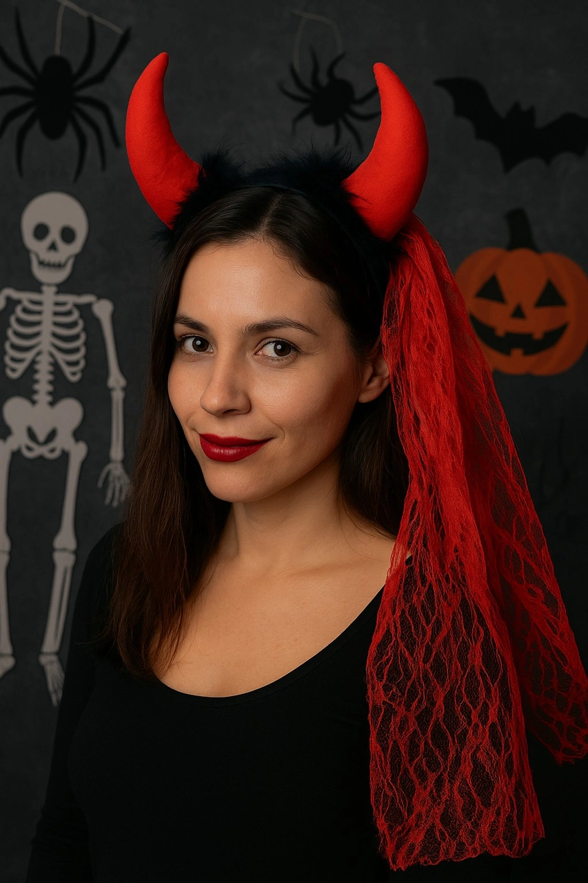 Kadın Şeytan Kostüm Seti Kırmızı Yakalı Pelerin + Dantelli Boynuzlu Taç Cadılar Bayramı Kostümü