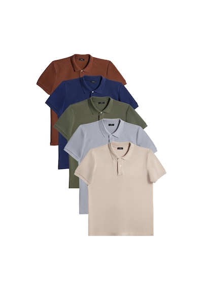 Tudors Erkek 5'li Paket Lacivert-haki-toprak-bej-gri Slim Fit Dar Kesim Pamuklu Düz Pike Polo Yaka Tişört-33008 Multi Çok Renkli