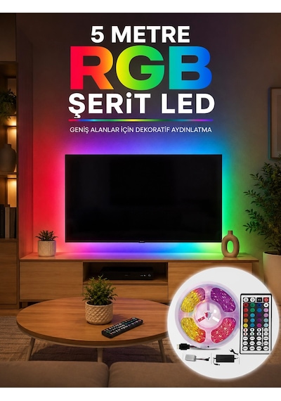 5 Metre Rgb Şerit Led 5050 Smd Uzaktan Kumandalı Renkli Dekoratif Led Aydınlatma Seti