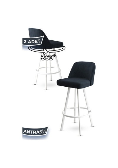 Canisa Atex Serisi 2 Adet Antrasit Sandalye 360 C Döner Bar Sandalyesi Babyface Kumaş Beyaz Metal Ayaklı Sandalye Antrasit Ayaklar Beyaz