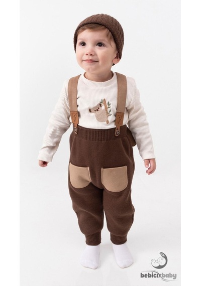 Tiwitibaby Triko Çapraz Askılı Salopet Koala Figürlü Esnek Kaşkorse Badi Bereli Unisex Bebek Takım Kahve