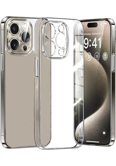 Apple Uyumlu iPhone 15 Pro Max Kılıf Metal Tuşlu Kamera Korumalı Silikon Şeffaf Arka Kapak Şeffaf