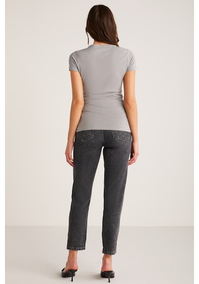 ETHIQUET ZE DA Kadın %100 Organik Pamuk Slim Fit Dar Kesim Bisiklet Yaka Kısa Kollu Gri T-shirt