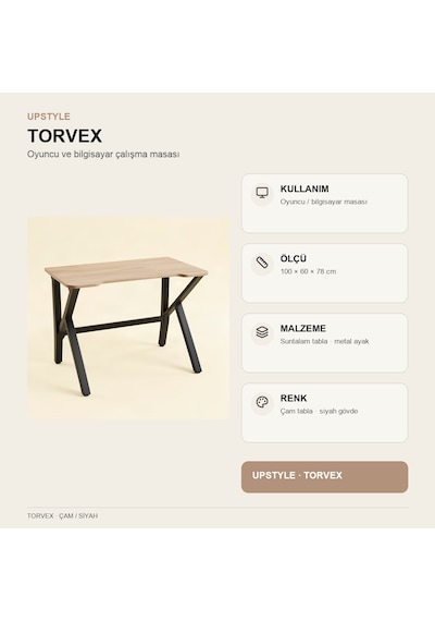 Upstyle Torvex Oyuncu Masası Çam Siyah 100x60 Cm Metal Ayaklı Bilgisayar Masası