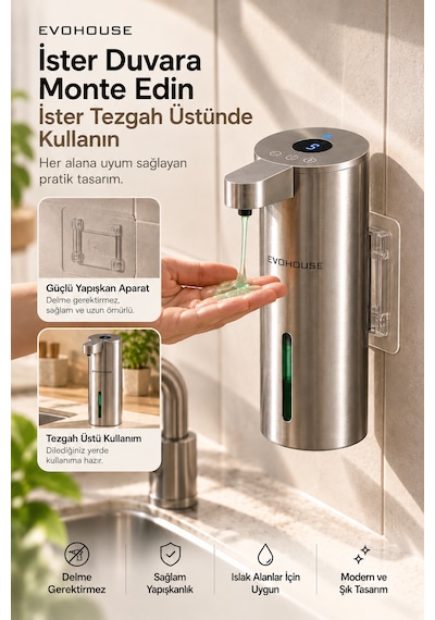 Otomatik Sensörlü Sıvı Sabun Dispenseri Paslanmaz Çelik Inox - P25 Model Gümüş