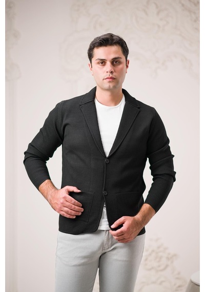 Regular Fit Sivri Yaka Torba Cepli Kendinden Çizgili Düğmeli Erkek Triko Hırka 001