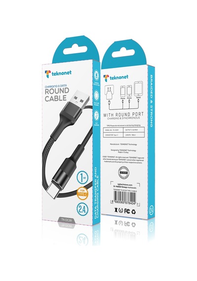 Teknonet TN-DC09 İp Örgü Type-C Şarj Ve Data Kablosu 100 CM Siyah