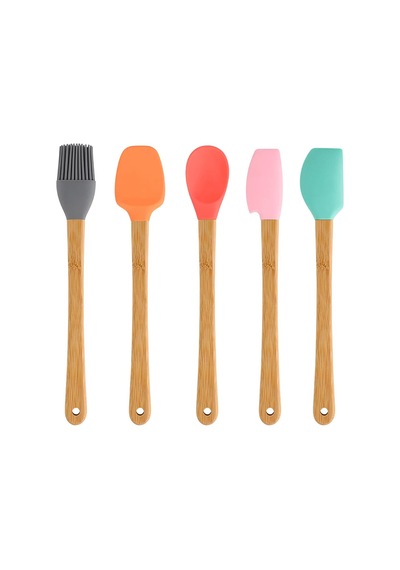 5 Parça Mini Silikon Spatula Kaşık Fırça Seti - High Quality - Bambu Saplı Karışık