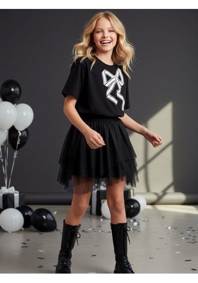 Zekids Kız Çocuk Fiyonk Desenli Yarım Kollu Tasarım T-shirt-16533 Siyah