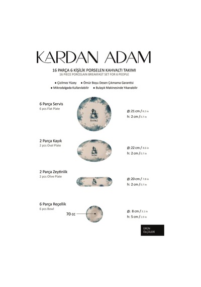 Kardan Adam 16 Parça 6 Kişilik Porselen Kahvaltı Takımı Çok Renkli