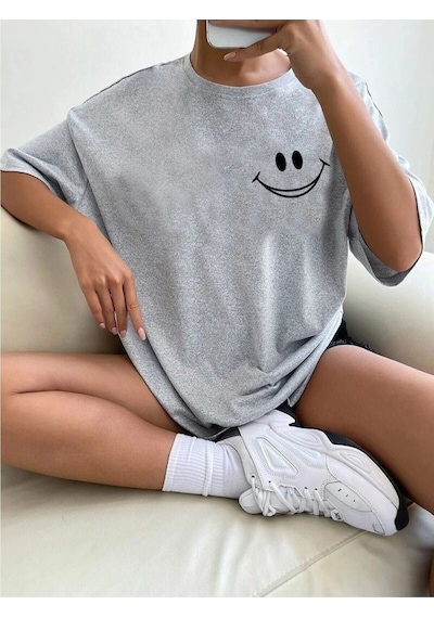 Smile Grafik T-shirt - Gri Baskılı Oversize Bisiklet Yaka Kısa Kol Tişört Gri