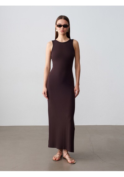 Dilvin 91652 Fitilli Midi Elbise-koyu Kahve