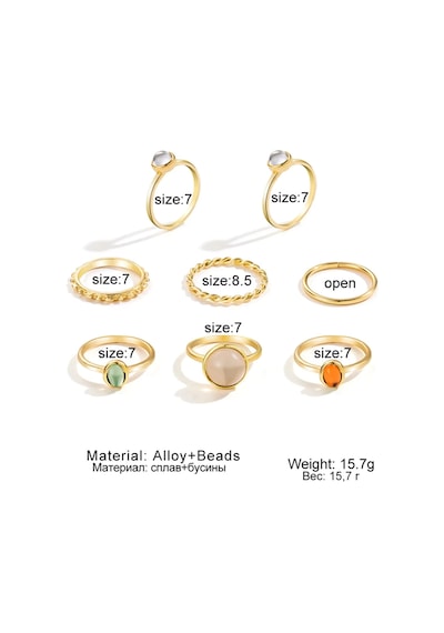 Bliss Gold Altın Renk Kristal Taşlı Şık Modern Bohem 8 Parça Yüzük Seti-14 Şubat Sevgiliye Hediye