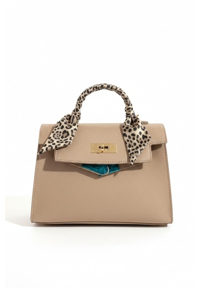 Vellabags Bej Kadın El Çantası Gold Kilitli, Leopar Fular Detaylı Şık Modern Tasarım Bej - Pembe