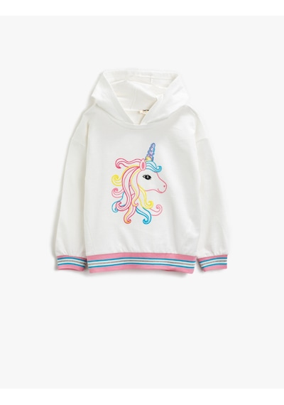 Koton Pamuklu Unicorn Baskılı Kapüşonlu Uzun Kollu Sweatshirt Kırık Beyaz 1ykg17537ak Ekru