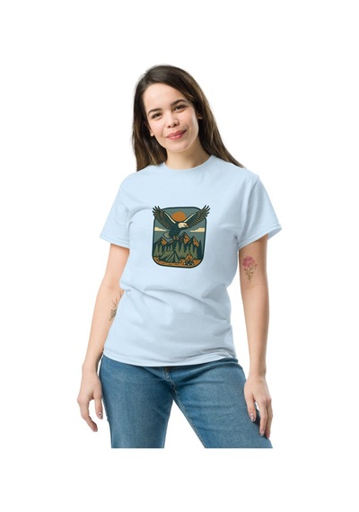 Wildstyle Kartal Renkli Vintage Yaban Hayat Doğa Dağ Rozet Baskılı Unisex Bisiklet Yaka Pamuklu Tişört Bebe Mavi