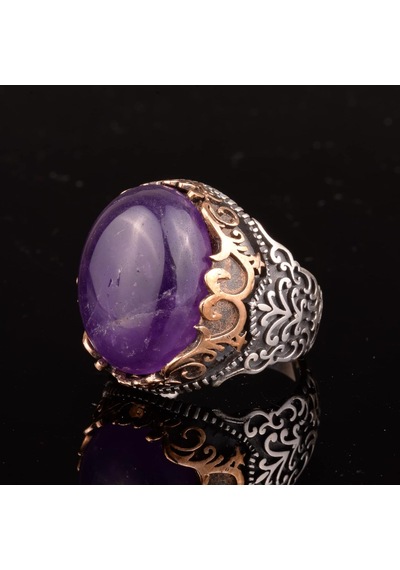 Erkekler İçin Doğal Ametist Taşlı Yüzük, 925 Ayar Gümüş El Yapımı Vintage Tarzı, Şifa Kristali Takı Gümüş