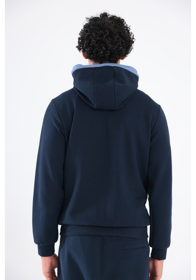 Rowinger Modal Kumaş Kapüşonlu Fermuarlı Kontrast Detaylı Erkek Sweatshirt Navyblue