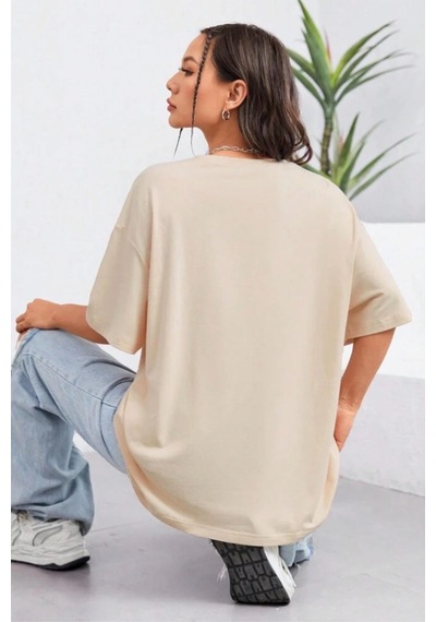 Energetic Ön Baskılı Bisiklet Yaka Kadın Oversize Tshirt Taş Rengi