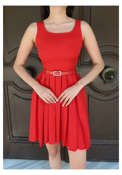 Kechi Woman Double Kumaş Pileli Mini Elbise Kırmızı