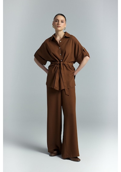 Beli Bağlamalı Kimono Gömlek - Kahve-137287