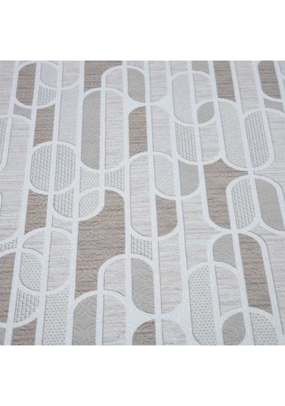 Krem Bej Geometrik Oval Desenli Saçaklı Kaymaz Jel Tabanlı Modern Halı 1