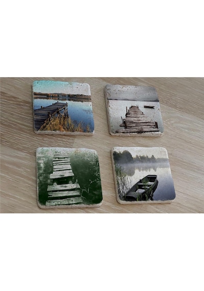 Gölde İskele Ve Kayık Manzaraları Doğal Taş Bardak Altlığı 4'lü Set - Natural Stone Coasters - Taş Çok Renkli