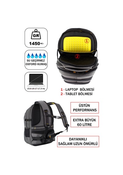 Dada Gri Dağcı Deprem Seyahat ve İş Çantası 60 Litre 15,6 İnç Ortopedik Su Geçirmez Oxford Kumaş