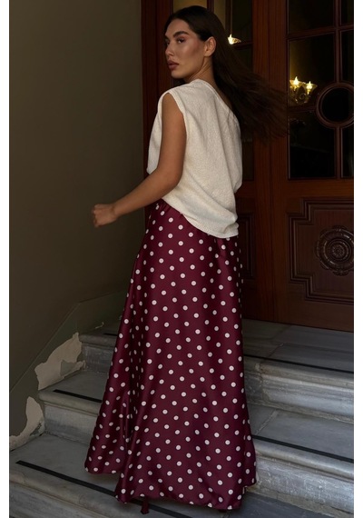 Madmext Bordo Puantiyeli Maxi Kadın Saten Etek Mg2725