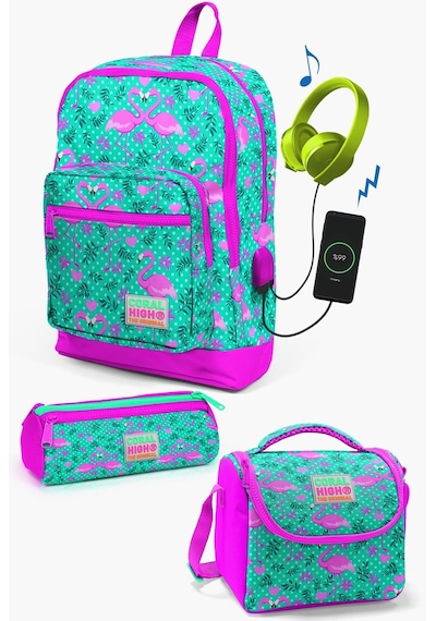 Coral High Kids Su Yeşili Pembe Flamingo Desenli Usb'li 3 Lü Okul Çanta Seti Set0123812