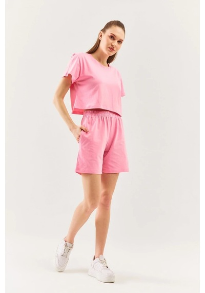 Rahat %100 Pamuklu Penye Beli Lastikli Bel Cepli Kısa Trendy Kadın Şort Pembe