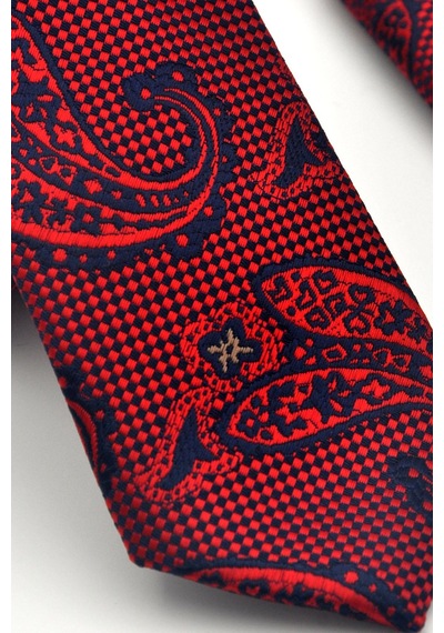 Gaffy Kırmızı Lacivert Şal Desenli Dokuma Kumaş Mendilli Slim Fit Kravat // Sdk-2604-5 Kırmızı