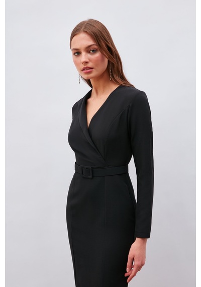 Sateen Kemerli Kalem Elbise - Siyah Sateen Kemerli Kalem Elbise - Siyah