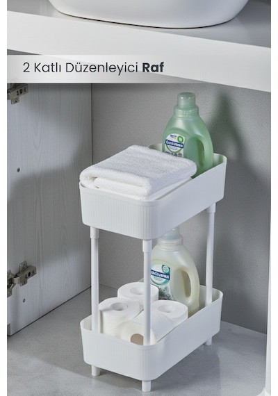Banyo Düzenleyici 2 Katlı Gri Raf Kozmetik, Makyaj Şampuan, Havlu Dolap Organizeri Beyaz