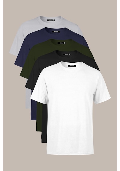 Erkek Çok Renkli %100 Pamuk T- Shirt Regular Fit Rahat Kesim Bisiklet Yaka 5'li Basic Tişört Paketi Haki